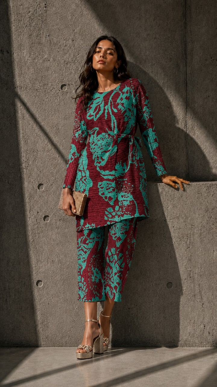 Olivia Printed Cinched-in Co-ord Sets - Maroon Green
