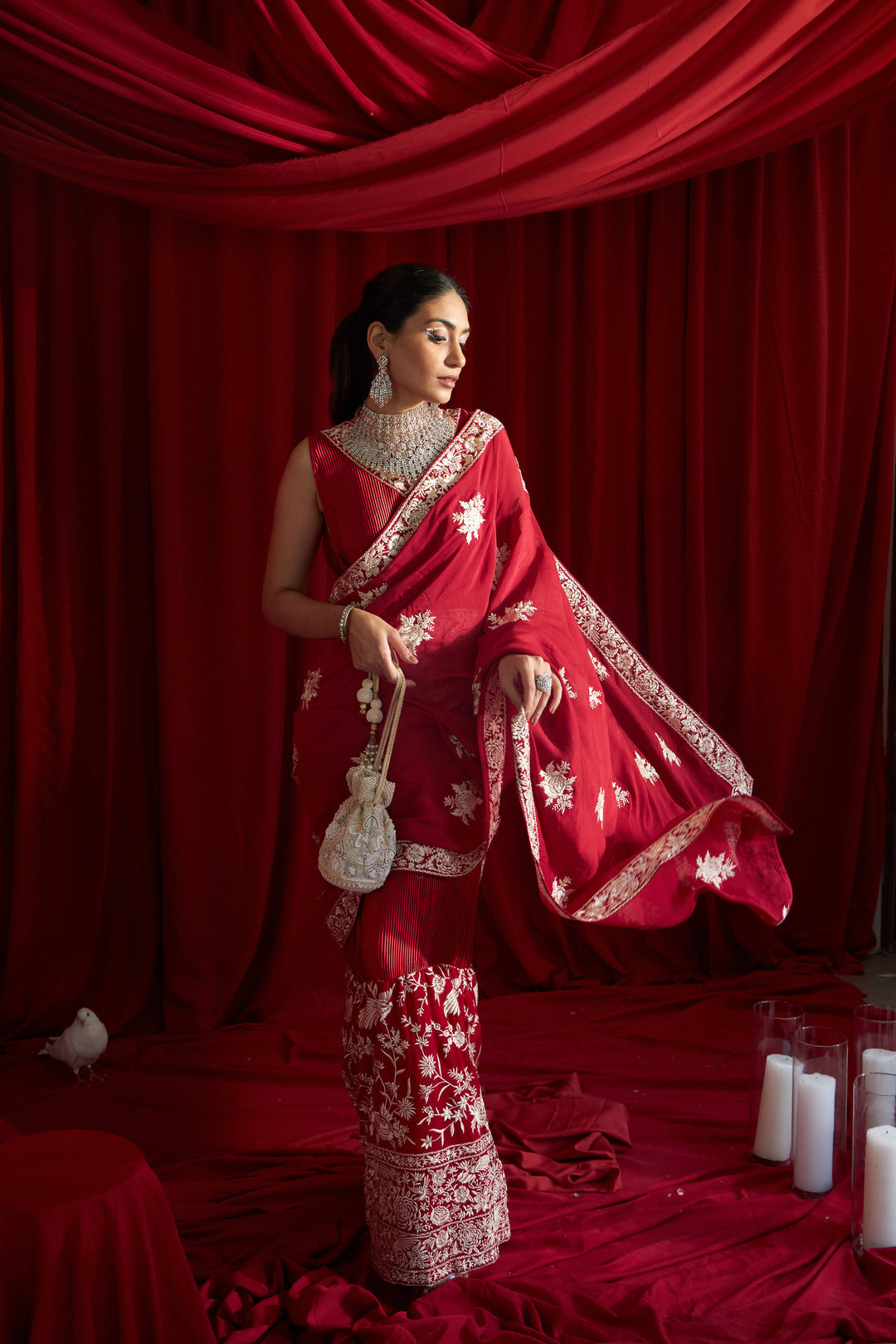 Reyna Glazed Classy Pleated Gown Saree with Gara Palla and Belt - Red