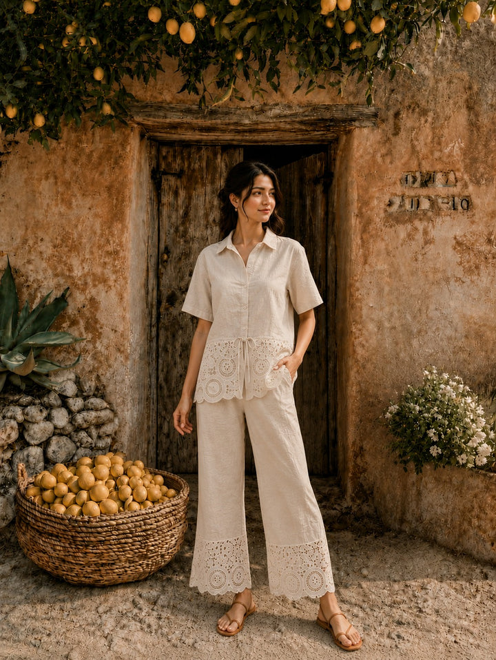 Cameron Cotton Cutwork Coord Set - Beige