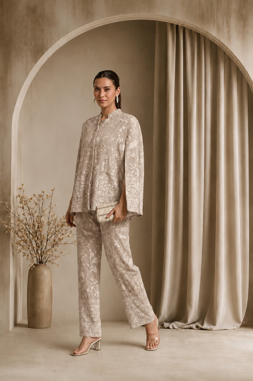 REYNA GARA GLAZED CAPE JACKET WITH COORDINATED PANTS - BEIGE