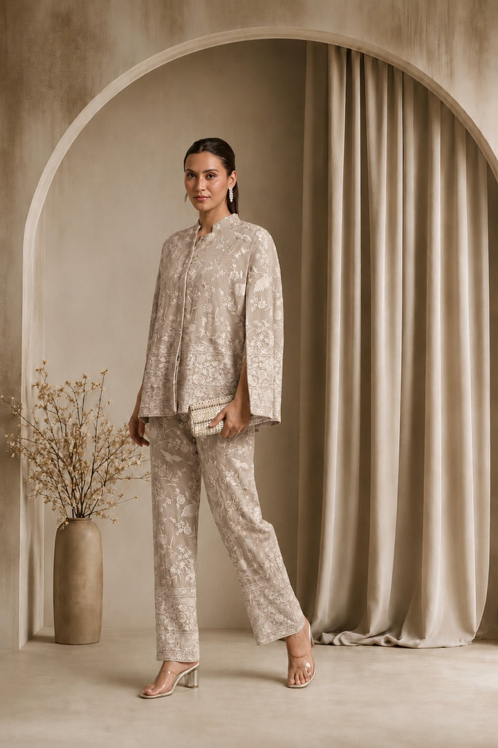 REYNA GARA GLAZED CAPE JACKET WITH COORDINATED PANTS - BEIGE