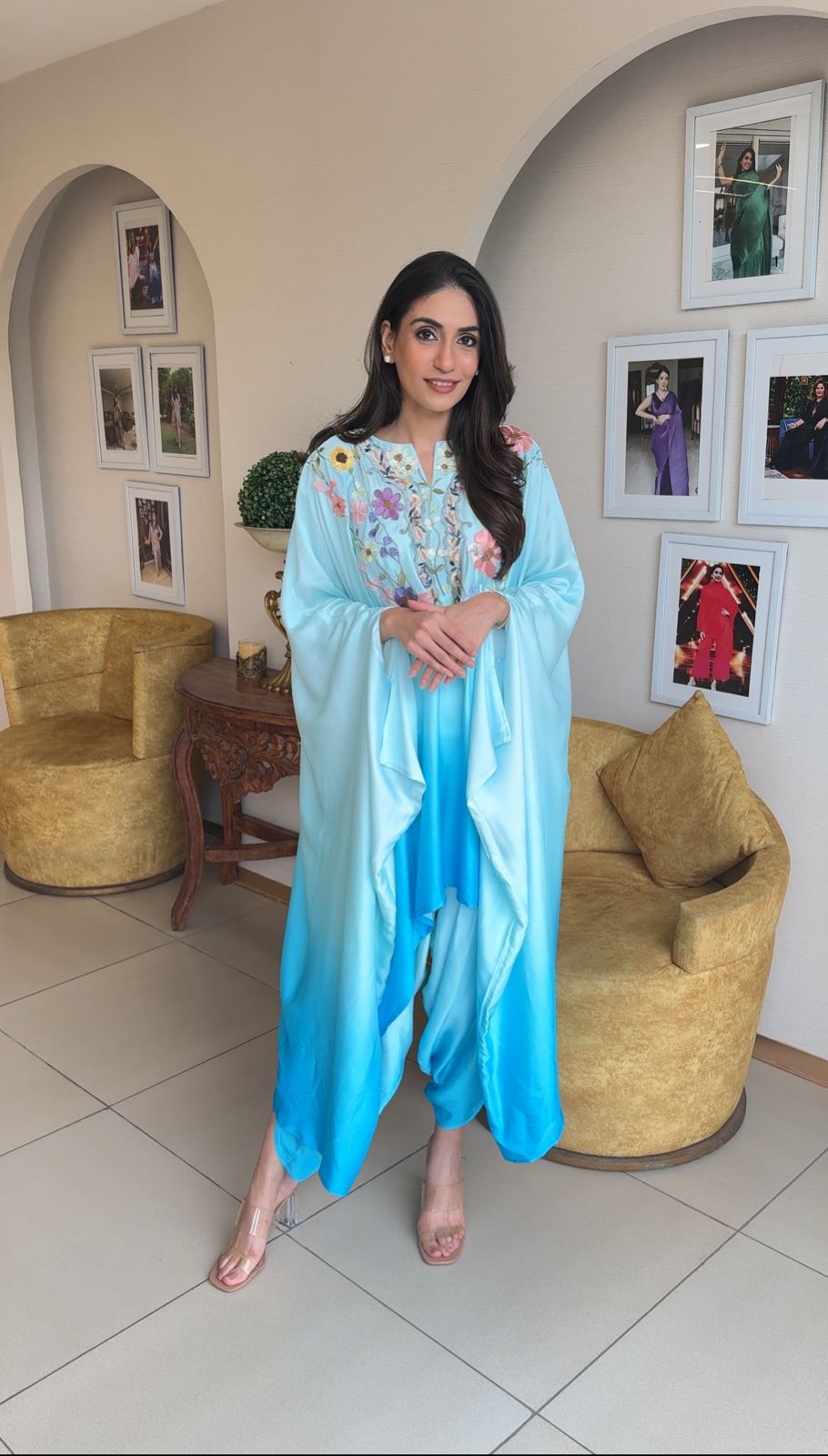 Divine Embroidered Cape with Drape Pant - Blue Ombre