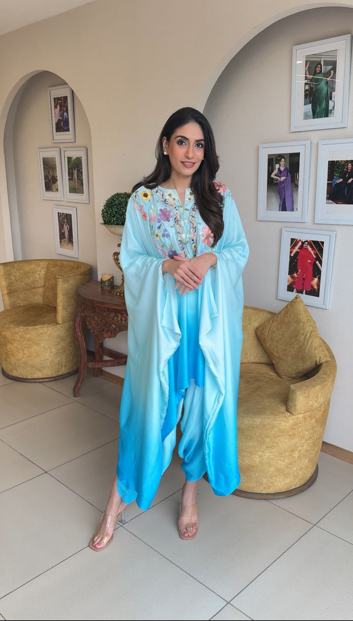 Divine Embroidered Cape with Drape Pant - Blue Ombre