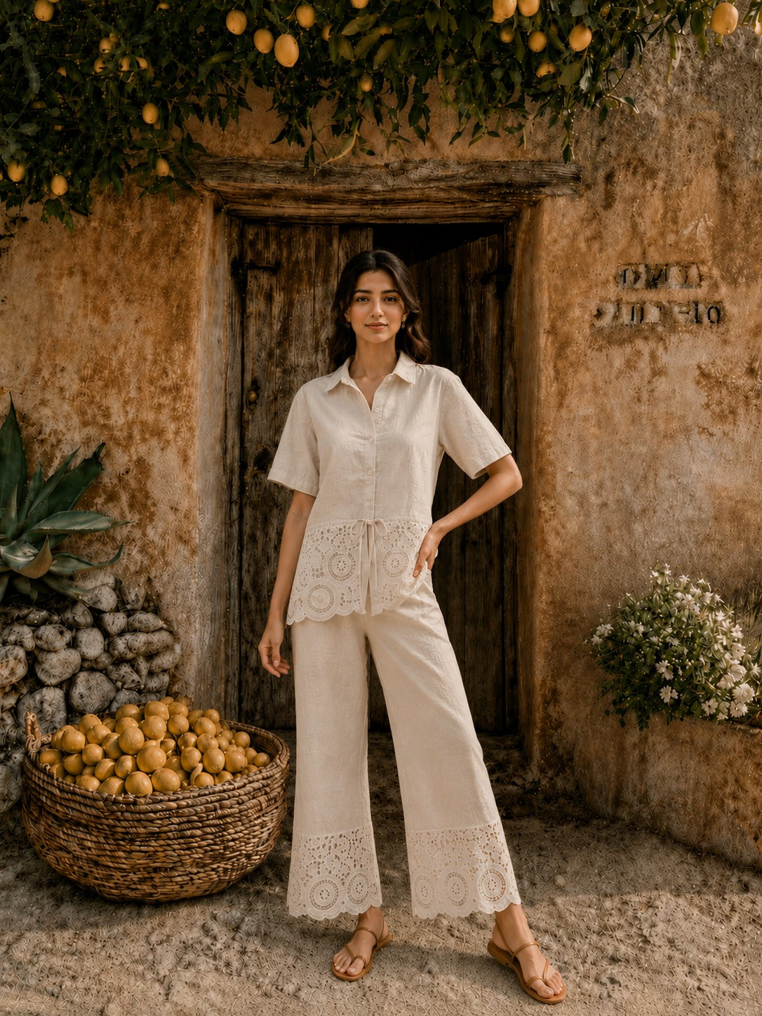 Cameron Cotton Cutwork Coord Set - Beige