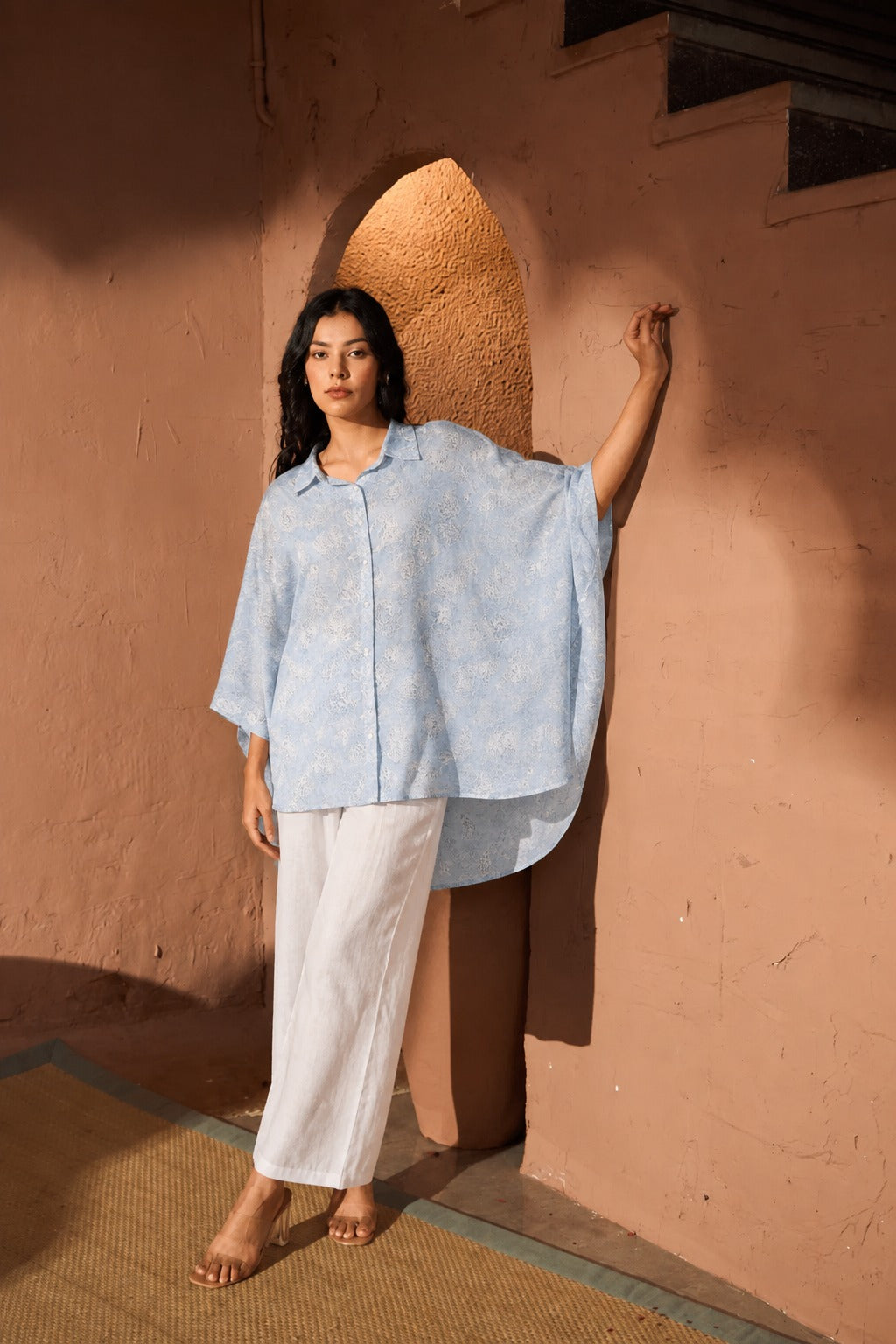 ELAHE  EMBROIDERED ROSE SHIRT- POWDER BLUE