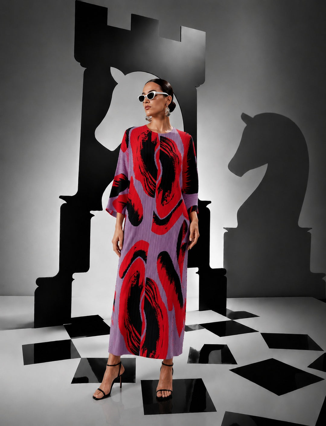 Wesley Voluminous Sleeve Plisse Dress - Abstract Purple