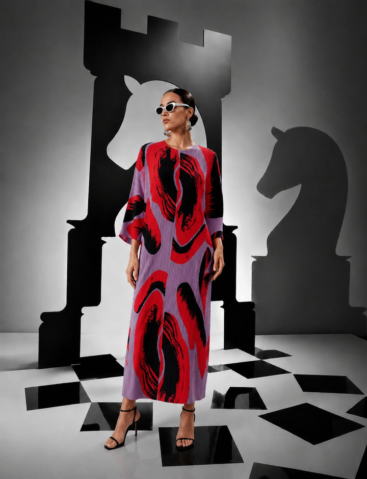 Wesley Voluminous Sleeve Plisse Dress - Abstract Purple