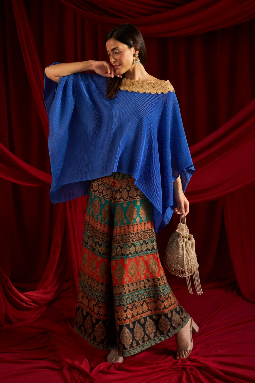 DIVINE EMBROIDERED CAPE SET WITH COLOURFUL BROCADE PANTS - BLUE