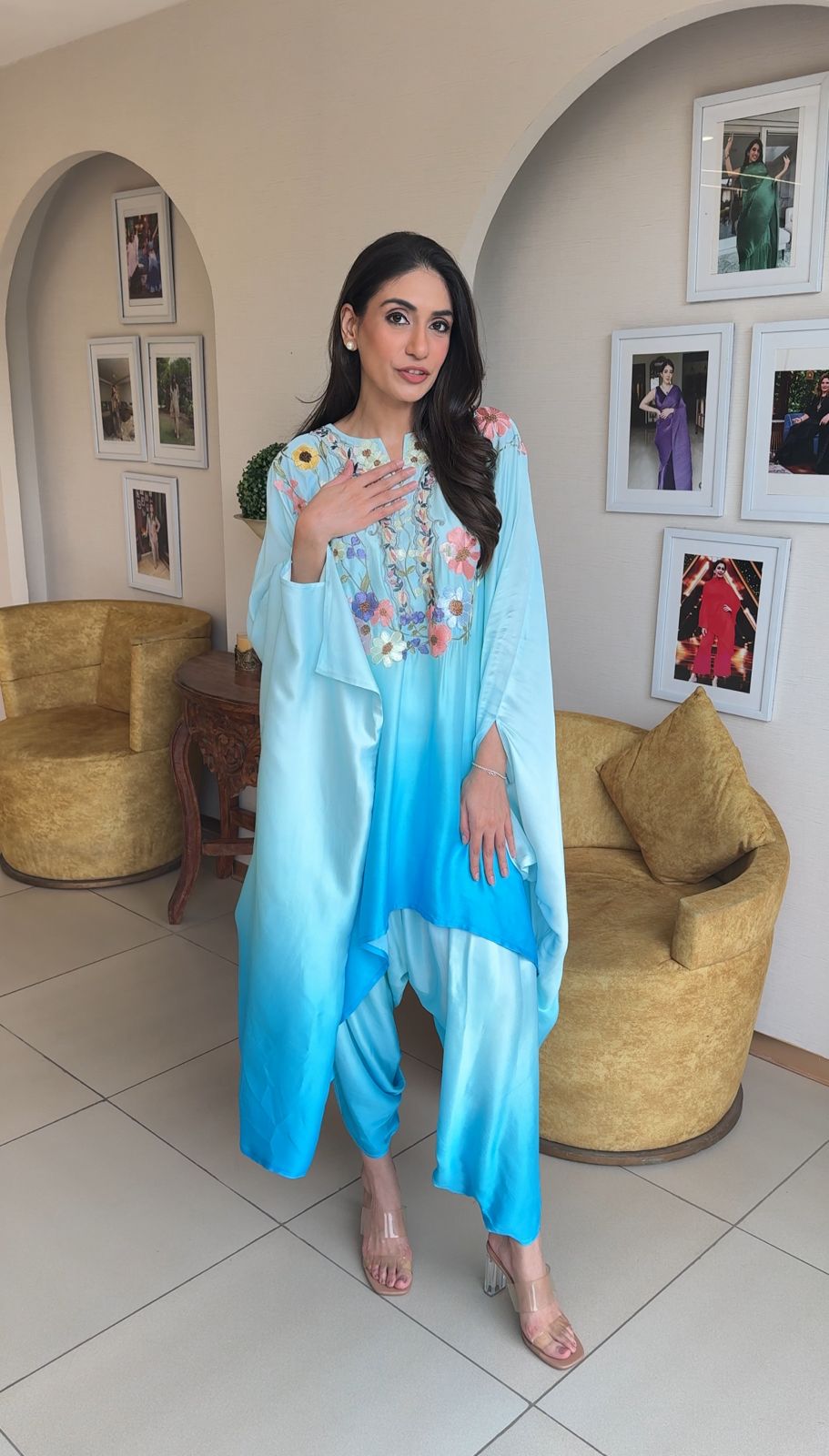 Divine Embroidered Cape with Drape Pant - Blue Ombre