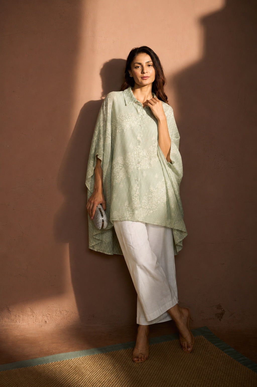 ELAHE EMBROIDERED ROSE JARDIN SHIRT - PASTEL SAGE GREEN