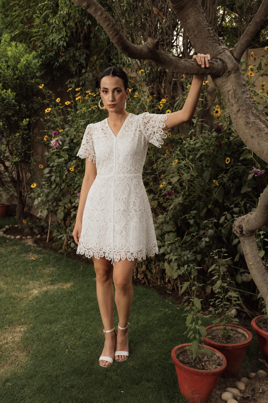 MYRA MESH CUTWORK SKATER DRESS - IVORY