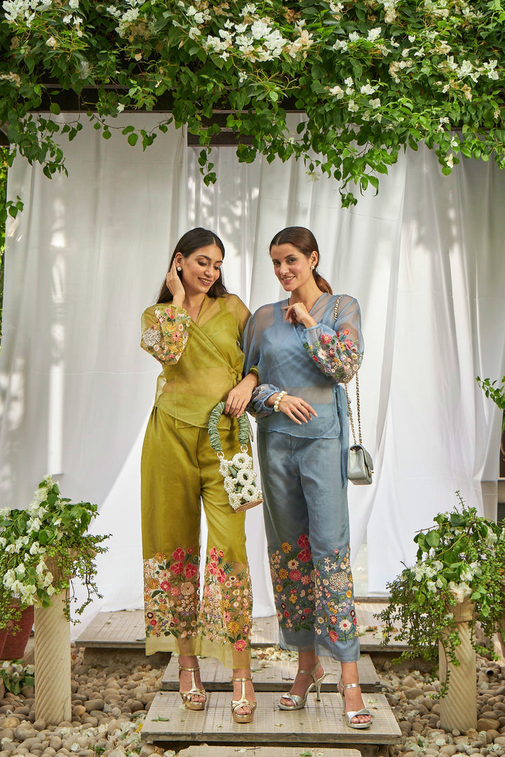 Fragrant Floral Enfold Top Co-ordinated with Straight Pants - Blue