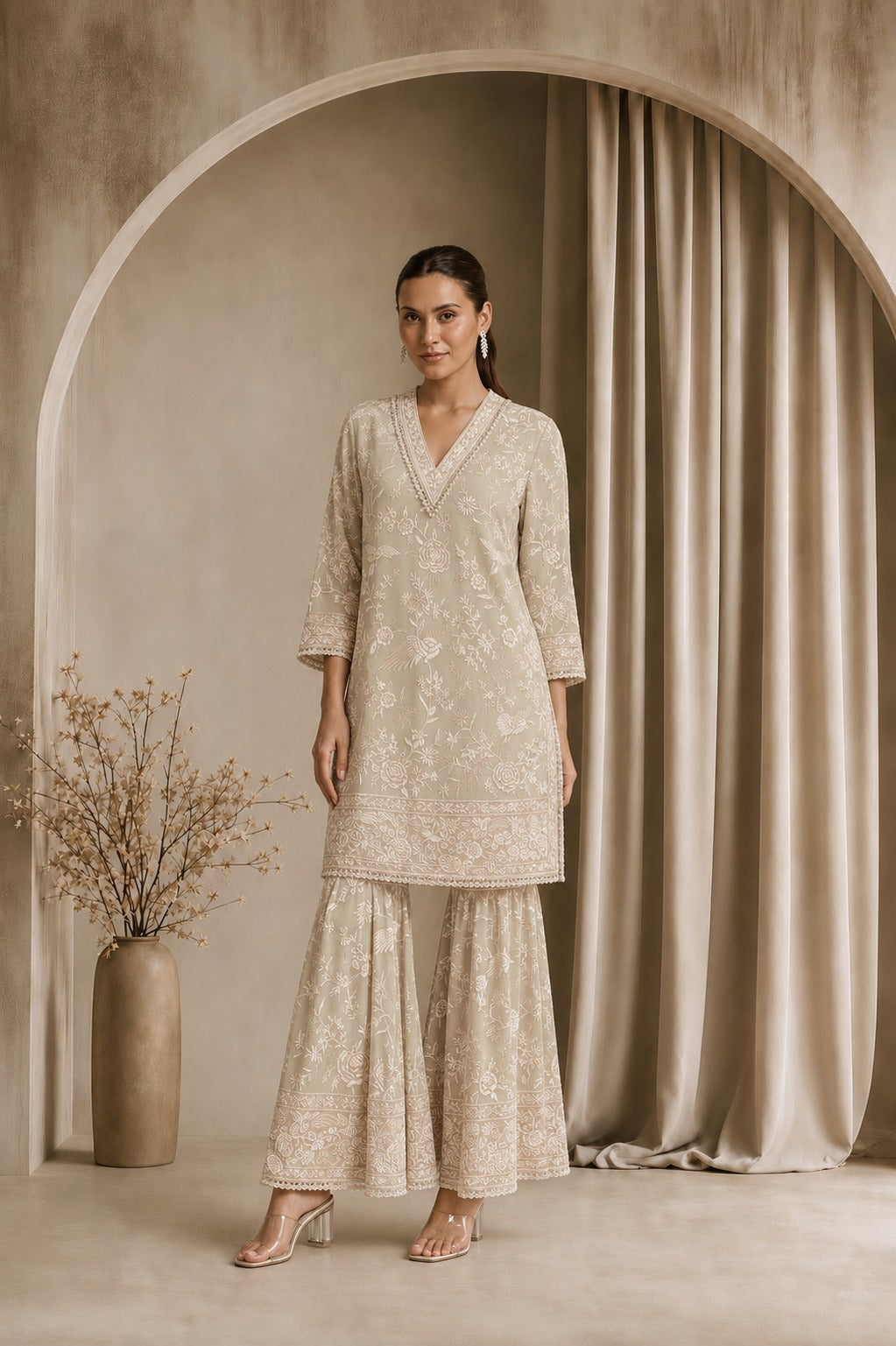 REYNA GLAZED KURTA WITH SHARARA - BEIGE