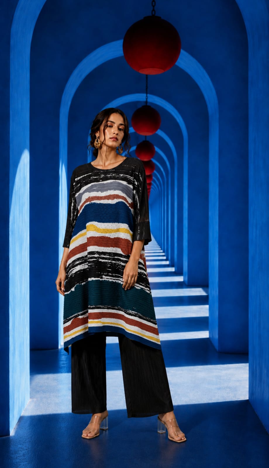 Efflorescence Stripe Tunic Set- Azure