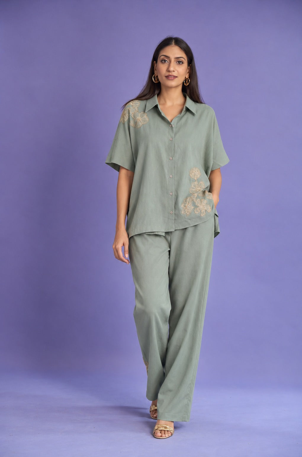 aria gold floral applique kaftan shirt set - mint green