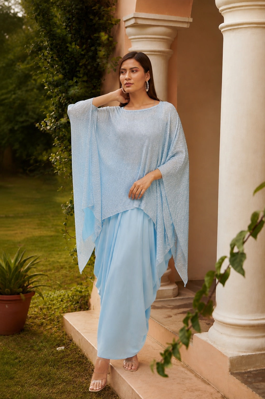 Slip Easy Dress With Metallic Cape - Powder Blue