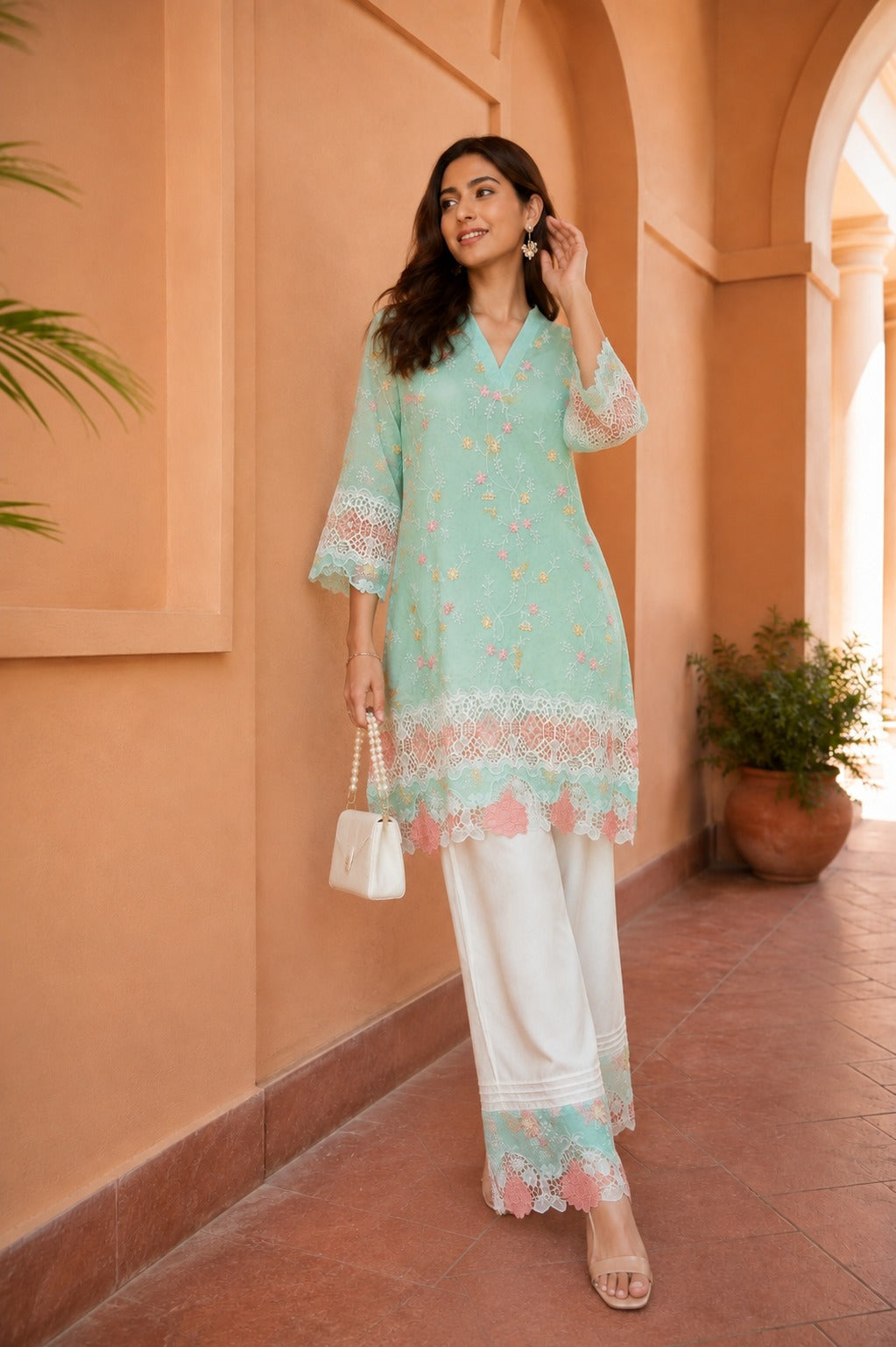Myra Mesh Floral Lace Kurta With Pants -Green Rose