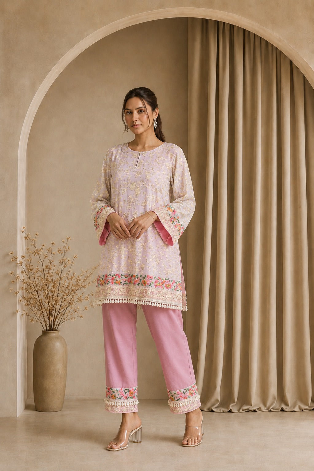 Reyna Gara Rose Dust Kurta with Pant - Pink