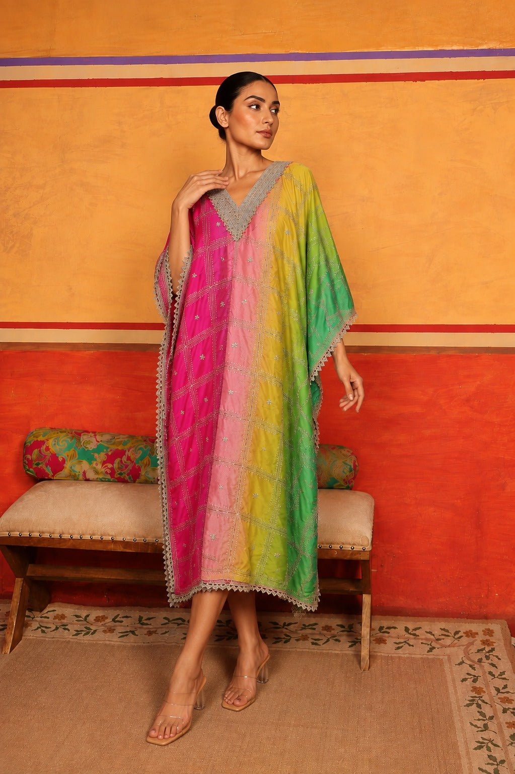 Kainaat Multicolour Kaftan - Pink Yellow Green
