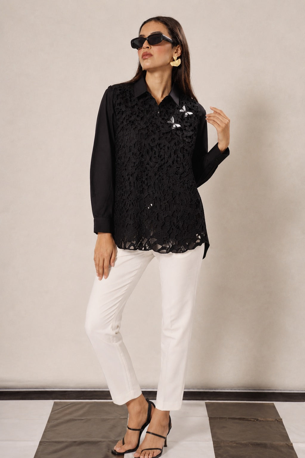 MYRA MESH SHIRT WITH WAISTCOAT - BLACK