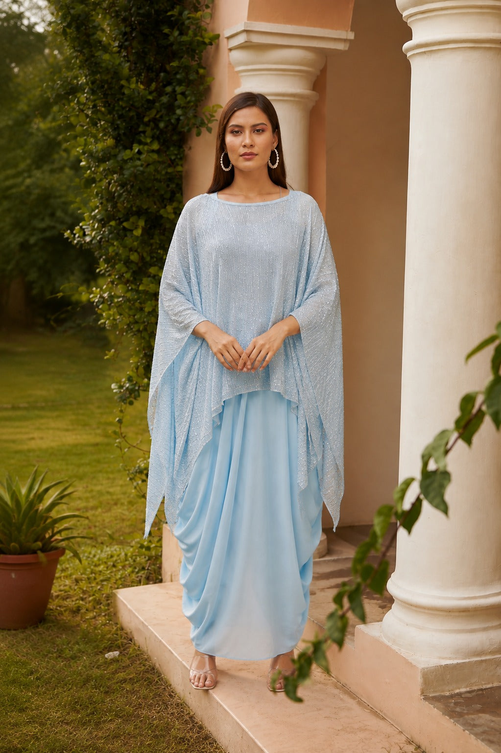 Slip Easy Dress With Metallic Cape - Powder Blue