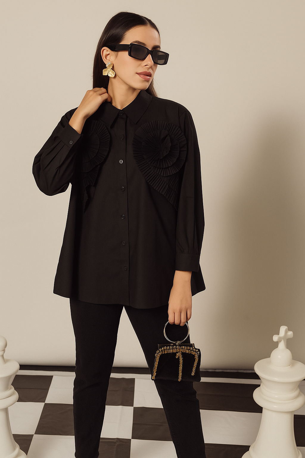 Daisy Pleated Ruffle Shirt - Black