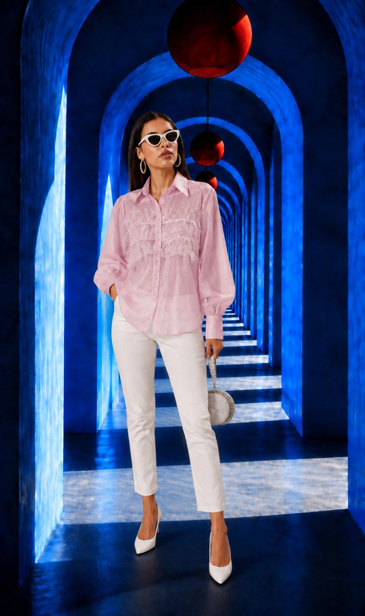 ORGANZA FEATHER TRIM SHIRT BLUSH -PINK