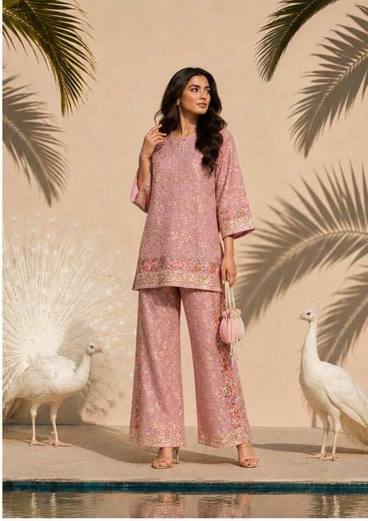 Reyna Gara Rose Dust Kurta with Slit Pant - Pink