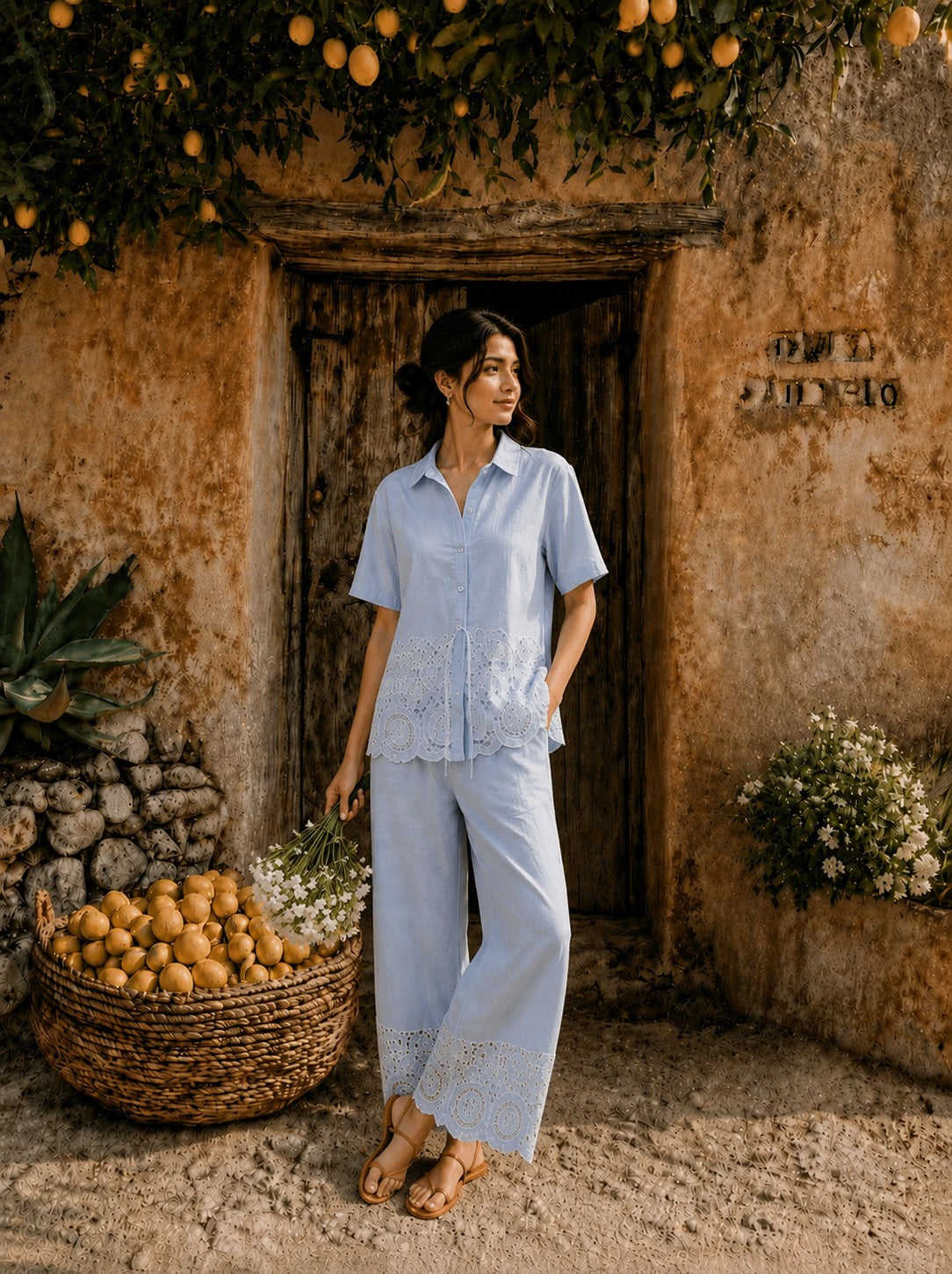 Cameron Cotton Cutwork Coord Set - Powder Blue