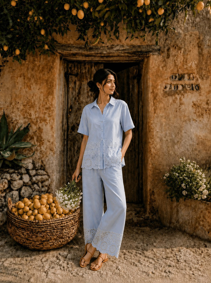 Cameron Cotton Cutwork Coord Set - Powder Blue