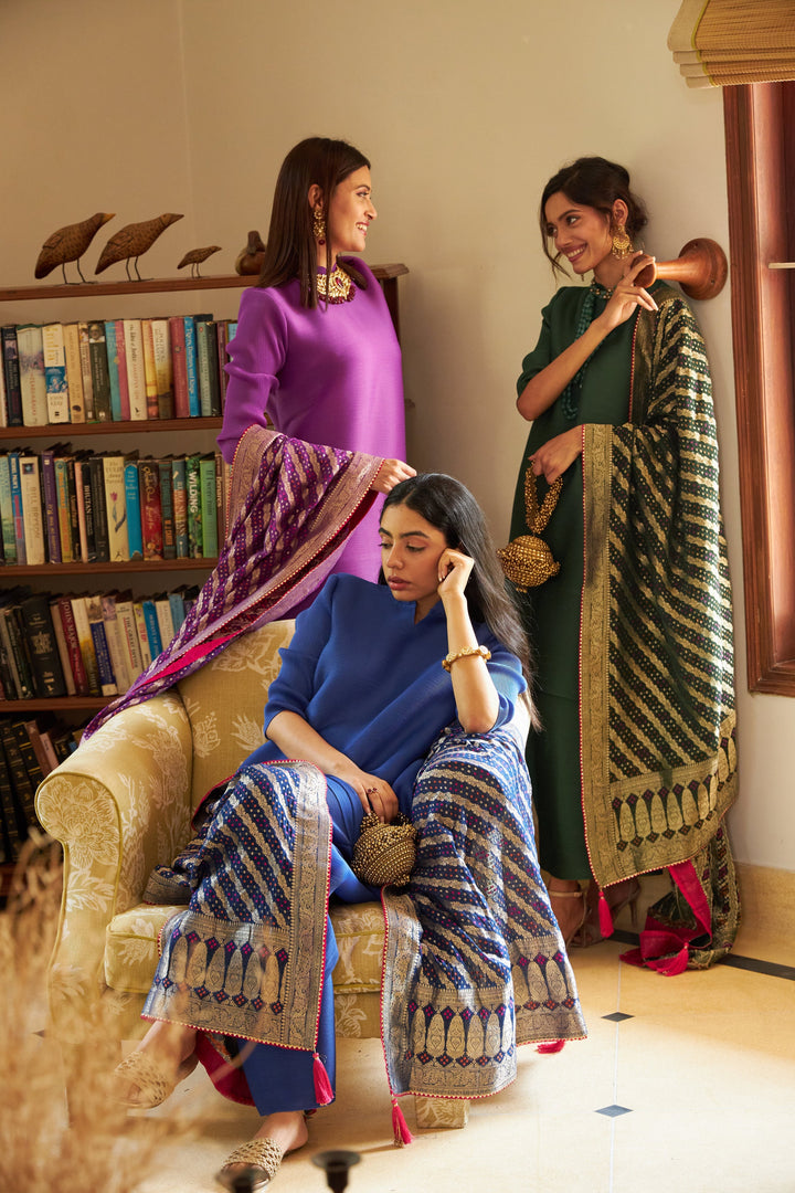 Myra Mandarin Kurta with Culotte Pants and Bandhani Chunni - Cobalt Blue