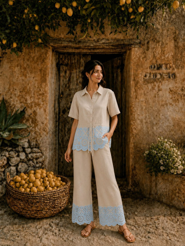 Cameron Cotton Cutwork Coord Set - Beige and Blue