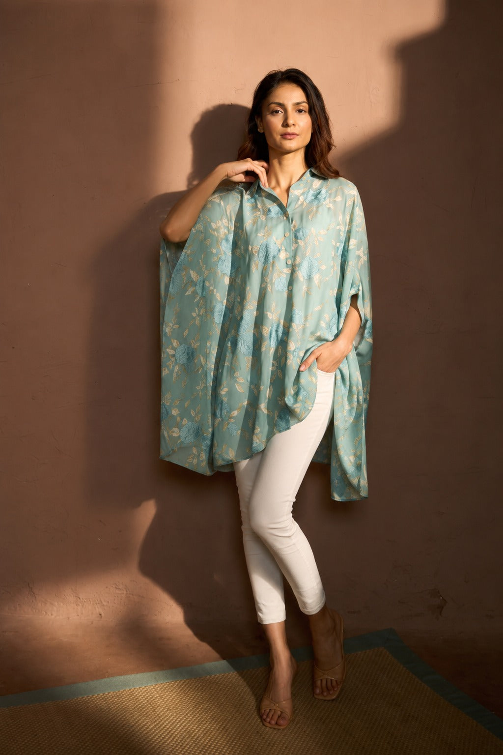 Elahe Embroidered Rose Shirt - Aqua