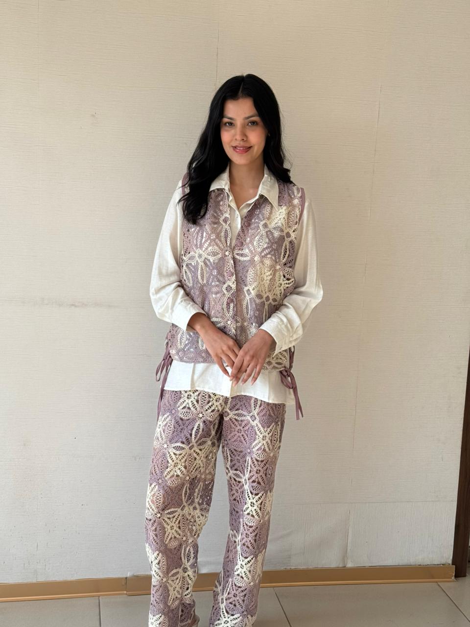 Camelia Crotchet Waist Coat Set - Purple