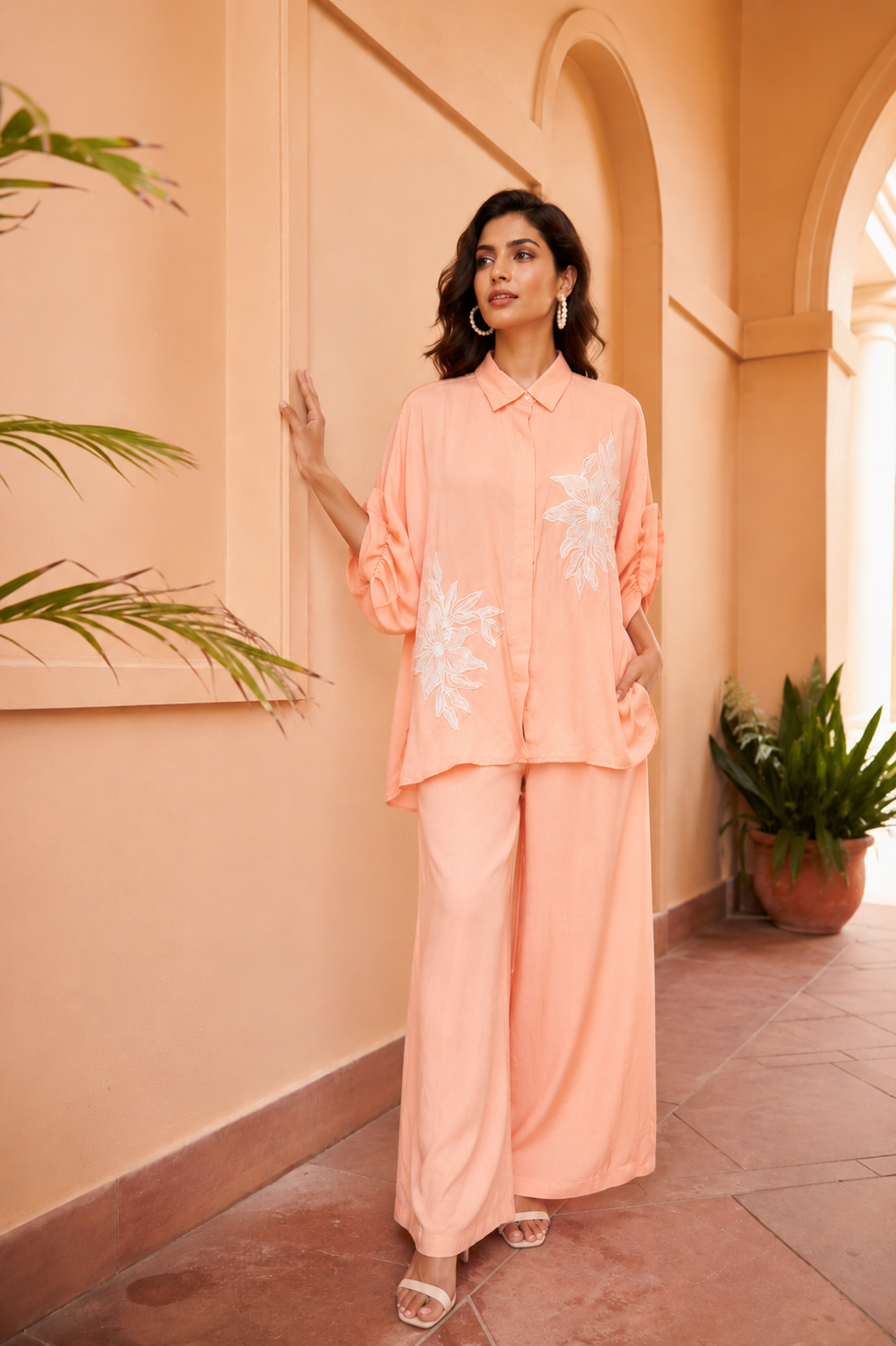 Divine Sequins Embroidered Kaftan Set - Peach