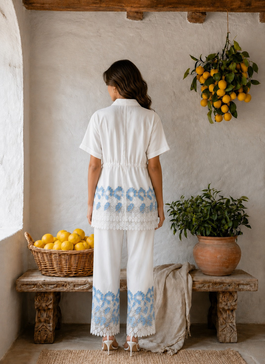 Cameron Cotton Magnolia Coord Set - Ivory & Blue