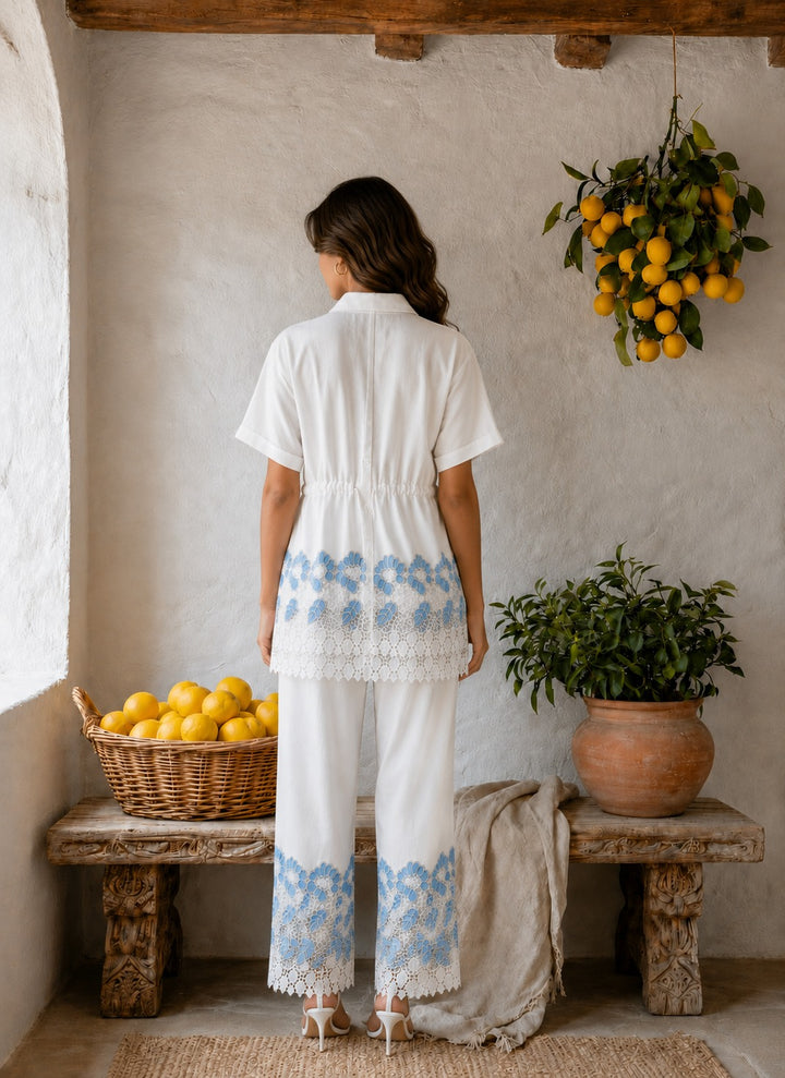 Cameron Cotton Magnolia Coord Set - Ivory & Blue
