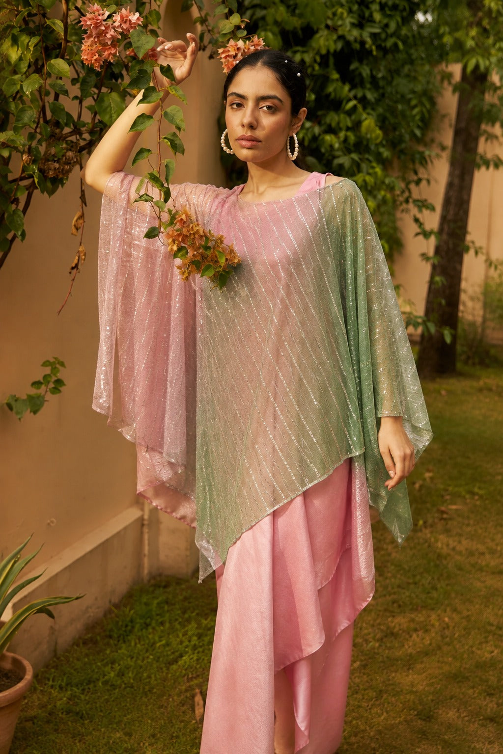 Slip Easy Dress with Sequins Metallic Cape - Peach