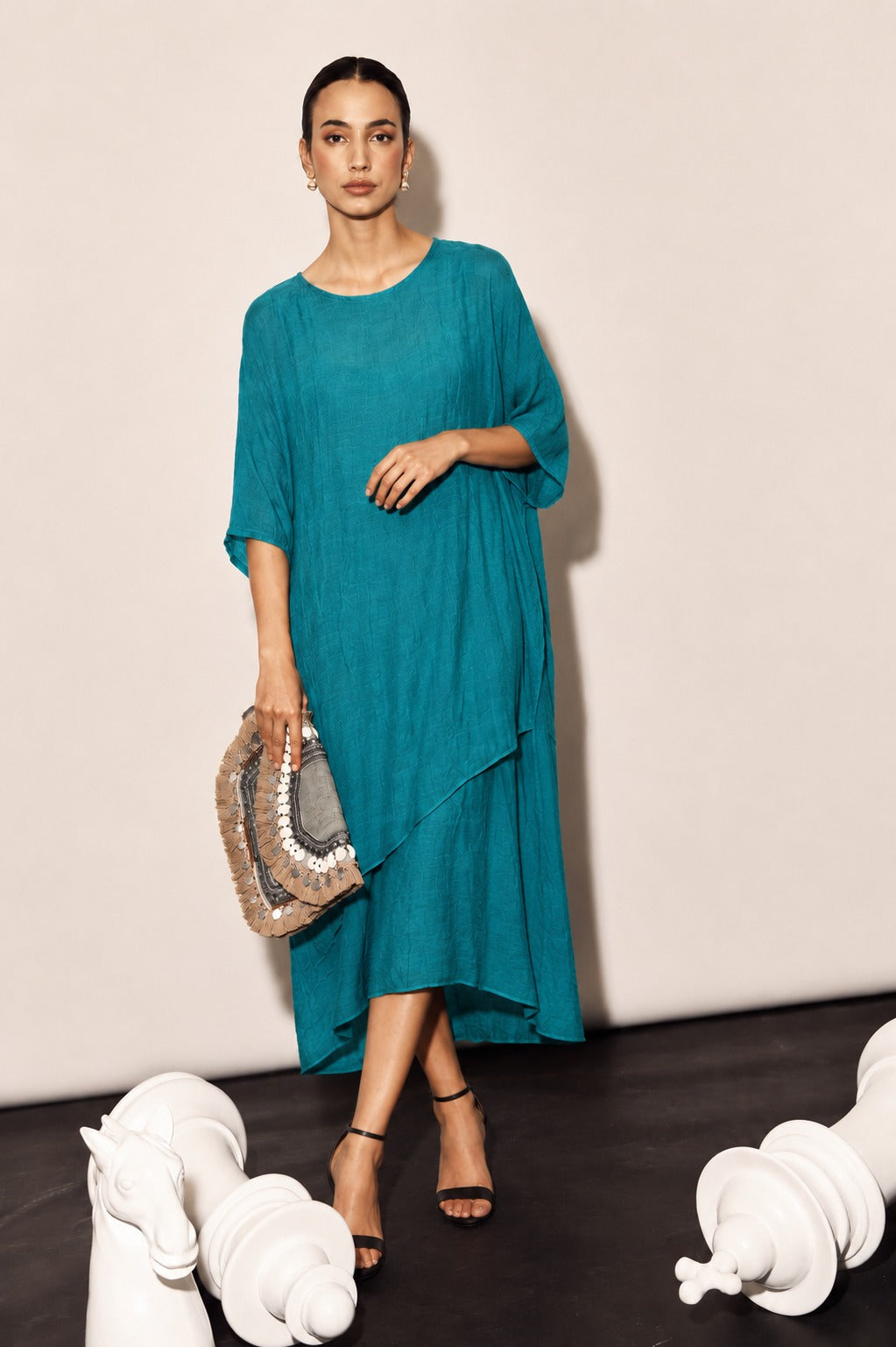 LILLIE LINEN TWO LAYER DRESS- TEAL