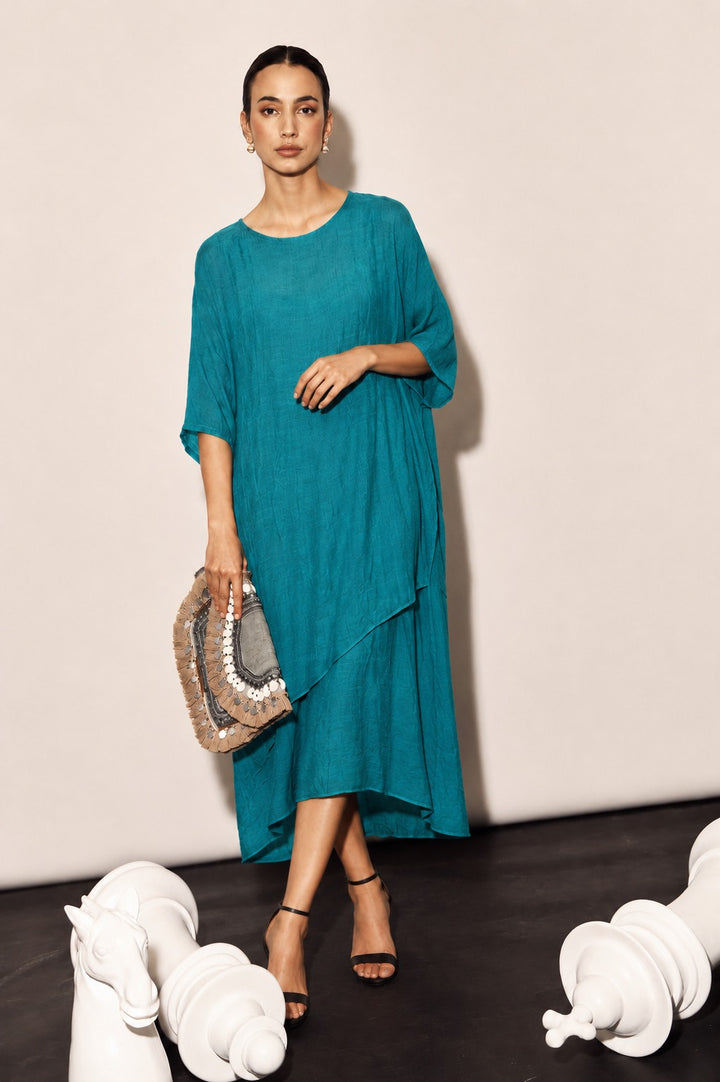 LILLIE LINEN TWO LAYER DRESS- TEAL