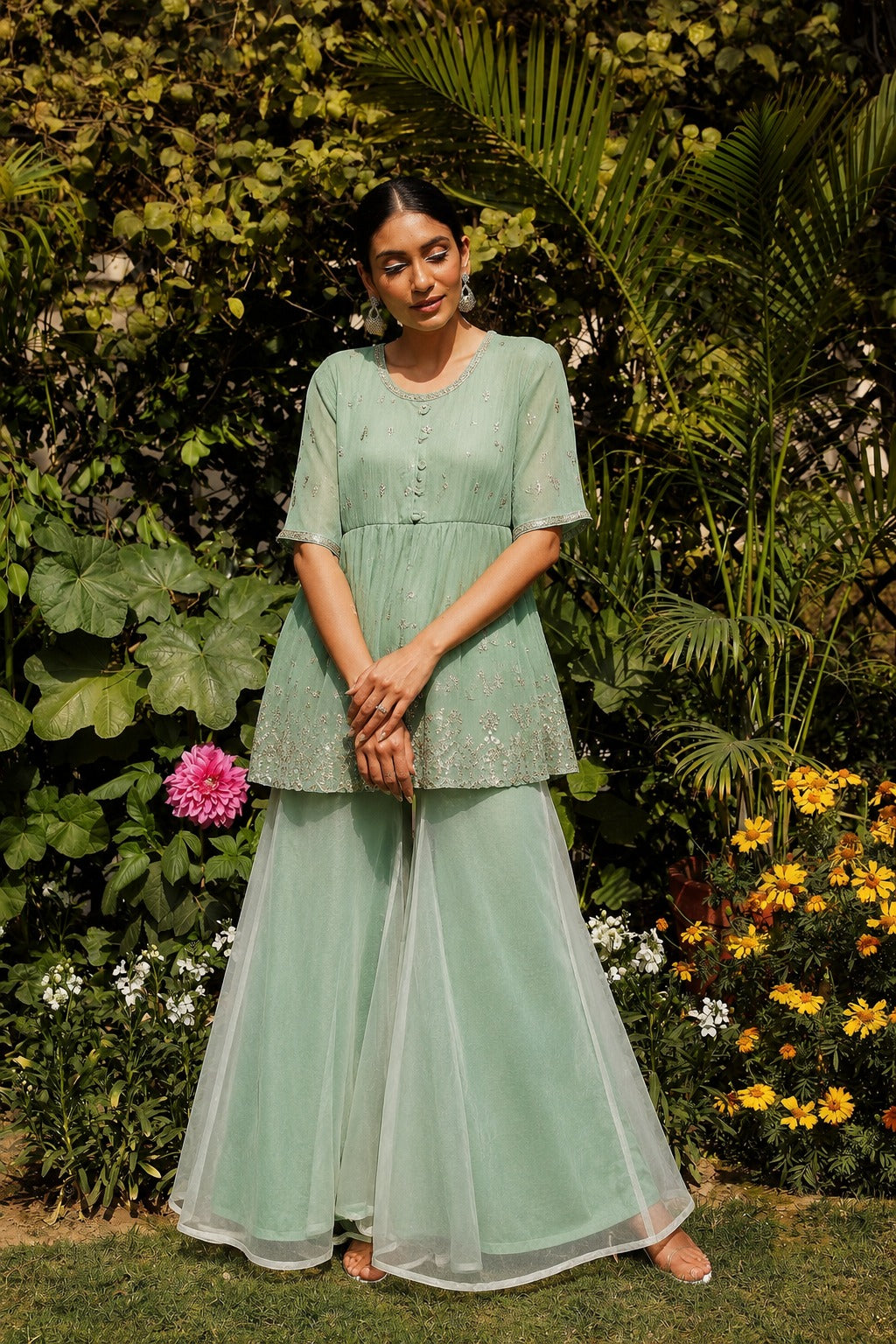 Isabella embroidered pleated peplum top with ombre organza sharara and Isa belt- mint green