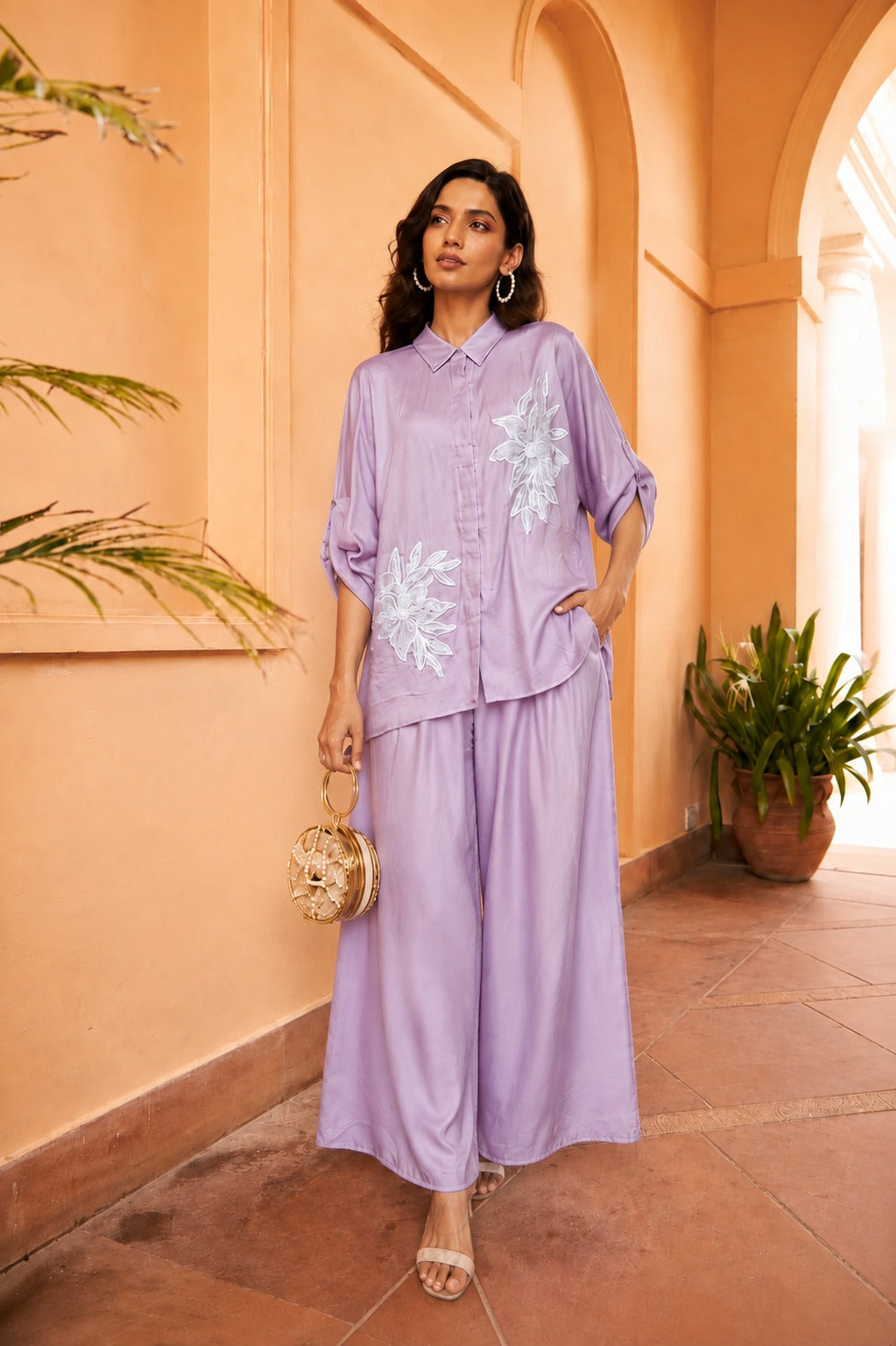 Divine Sequins Embroidered Kaftan Set - Lavender