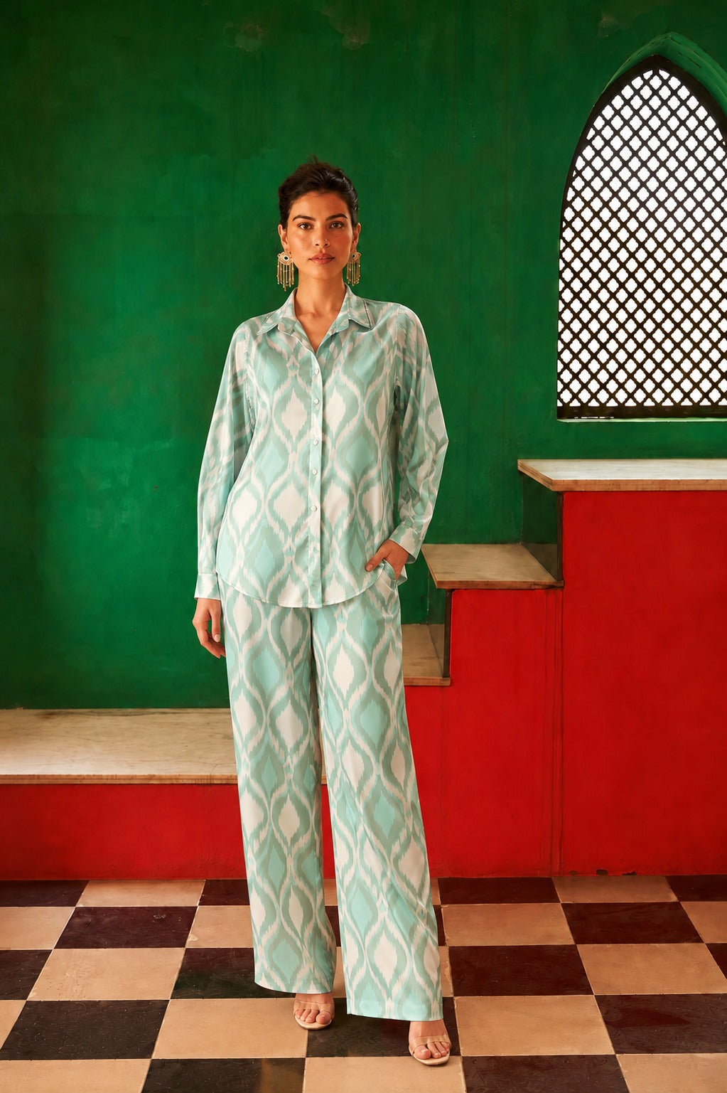 Siciley Satin Ikat Co-ord Set- Green Plush