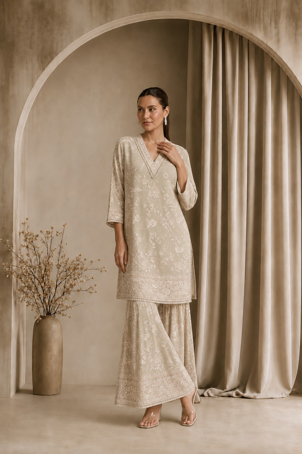 REYNA GLAZED KURTA WITH SHARARA - BEIGE