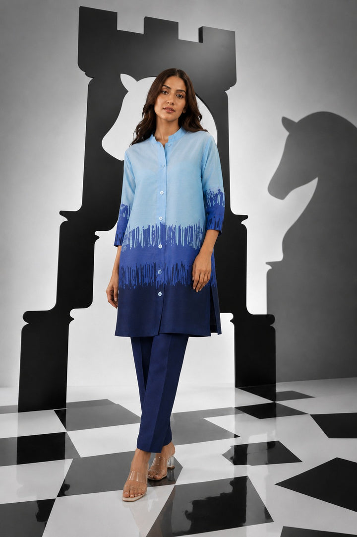 Colour Block High Neck Button Up Shirt with pants - Blue