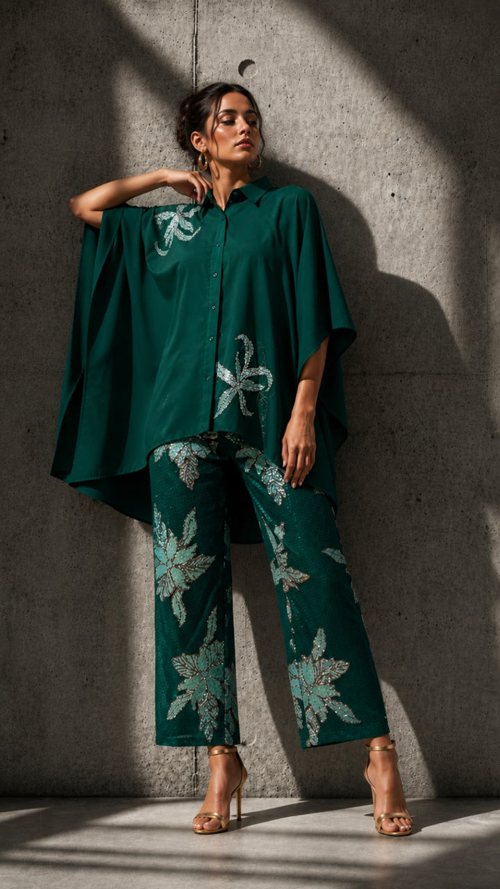 Bianca Borage Sequins Cape Set - Emerald Green