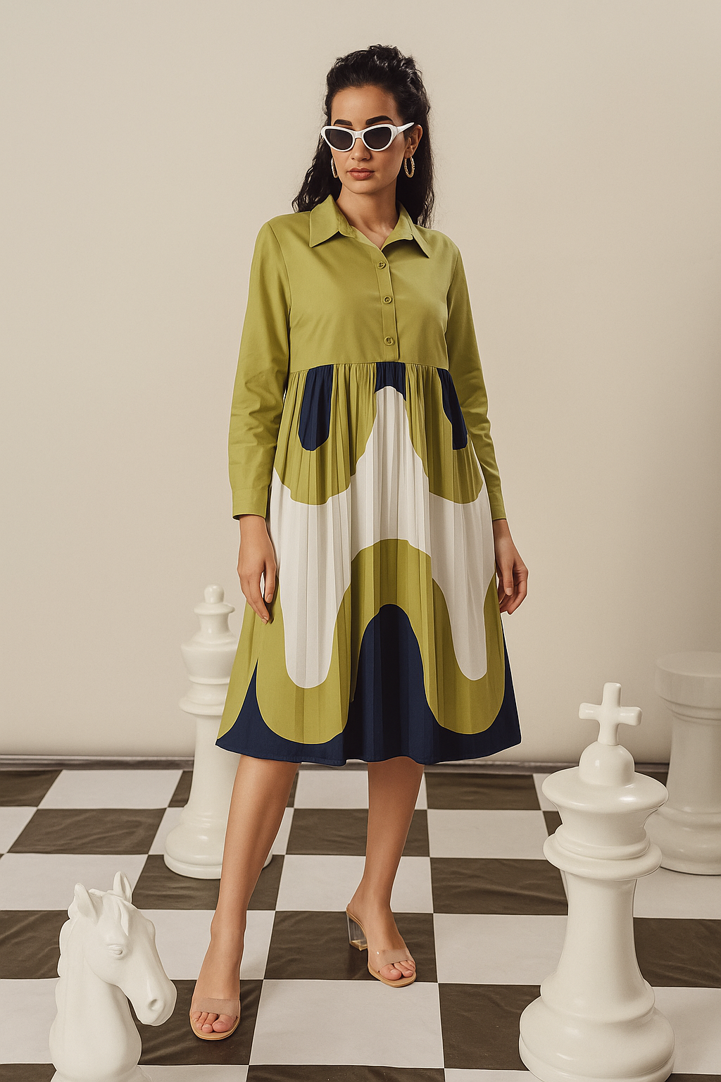 Cameron Cotton Collared Shirt Dress - Green