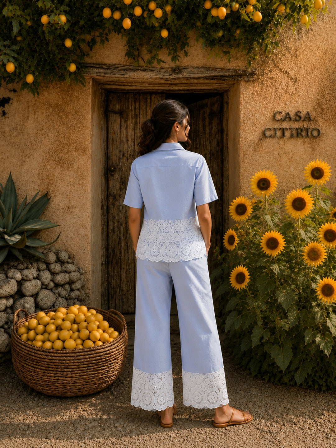 Cameron Cotton Cutwork Coord Set - Blue and White