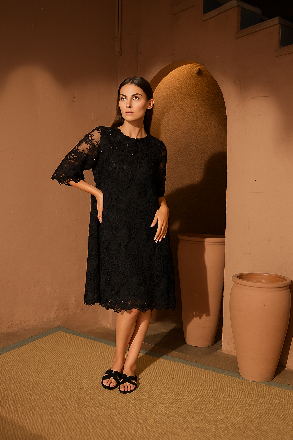 Myra Mesh Cassia Pearl Dress - Black