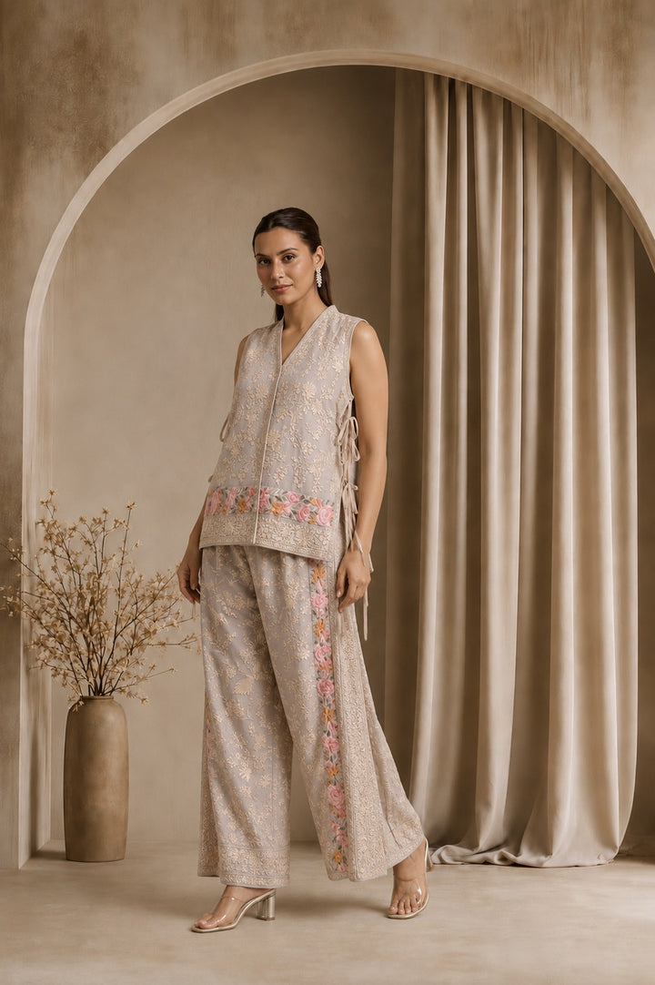 REYNA GARA ROSE WAIST COAT WITH COORDINATED PANTS - BEIGE
